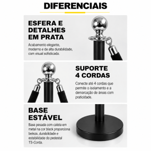 Pedestal de Fila Preto com Corda Vermelha 1,5m e Detalhes Dourados