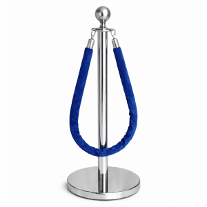 Pedestal Aço Inox Cromado com Corda Suede Azul 1,5m e Base Pesada Pronto Uso