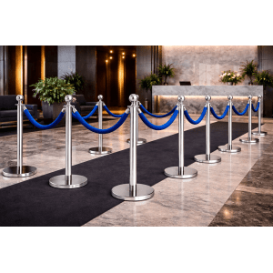 Pedestal Aço Inox Cromado com Corda Suede Azul 1,5m e Base Pesada Pronto Uso