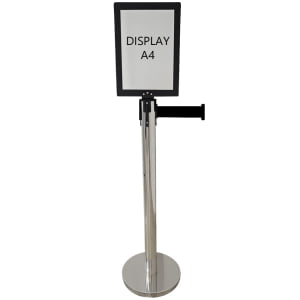 KIT Display A4 AÇO / MDF PRETO + Pedestal Organizador TS-Fila Inox com Fita Retrátil de 3 Metros