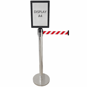 KIT DISPLAY A4 MDF PRETO + PEDESTAL TS FILA INOX COM FITA RETRÁTIL ZEBRADA 3 METROS