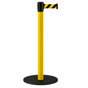 PEDESTAL DEMARCADOR TS FILA INDUSTRIAL AÇO CARBONO AMARELO C/ FITA RETRÁTIL ZEBRADA PRETA E AMARELA 4,5 METROS