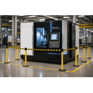 Pedestal Demarcador TS Fila Industrial – Aço Carbono Amarelo com Fita Retrátil Zebrada Preta e Amarela (4,5 metros)