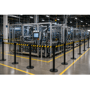 Pedestal Demarcador TS Fila – Aço Carbono Preto com Fita Retrátil Zebrada Preta e Amarela (4,5 metros)
