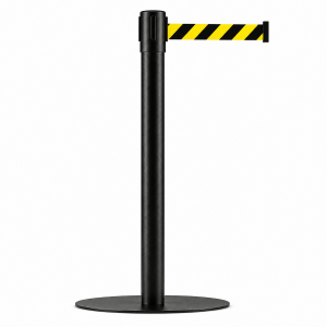 PEDESTAL DEMARCADOR TS FILA INDUSTRIAL AÇO CARBONO PRETO C/ FITA RETRÁTIL ZEBRADA PRETA E AMARELA 4,5 METROS