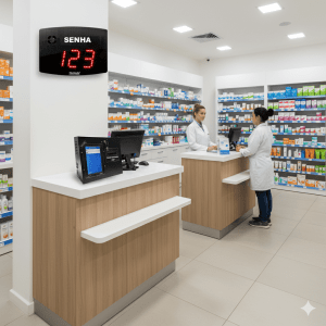 Painel de Senha e Guichê Eletrônico A-25 com Impressora de Senhas Digital TS-Print Visor Touch 8"  e Atendimento Preferencial